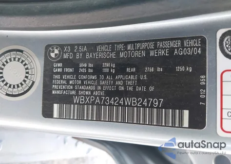 2004 BMW X3 2.5I из США, поврежденный, VIN WBXPA73424WB24797